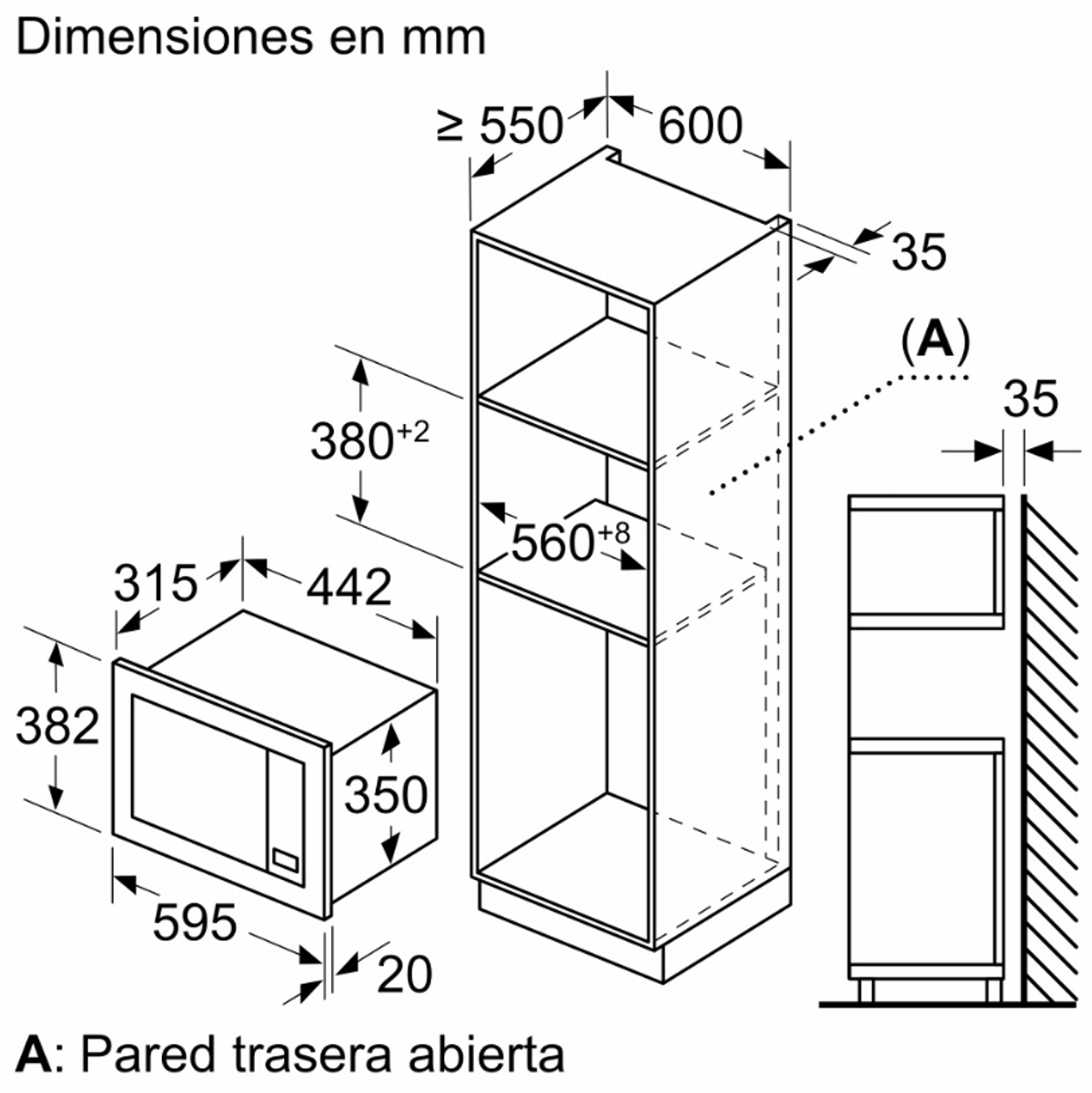 Schemat wymiarów kuchenki mikrofalowej do zabudowy i jej montażu w szafce, z wymiarami w mm.