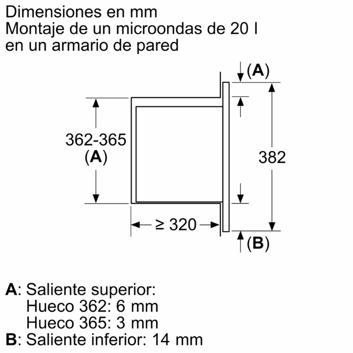 Schemat kuchenki mikrofalowej z wymiarami w mm. Tekst w języku hiszpańskim opisuje montaż w szafce ściennej.