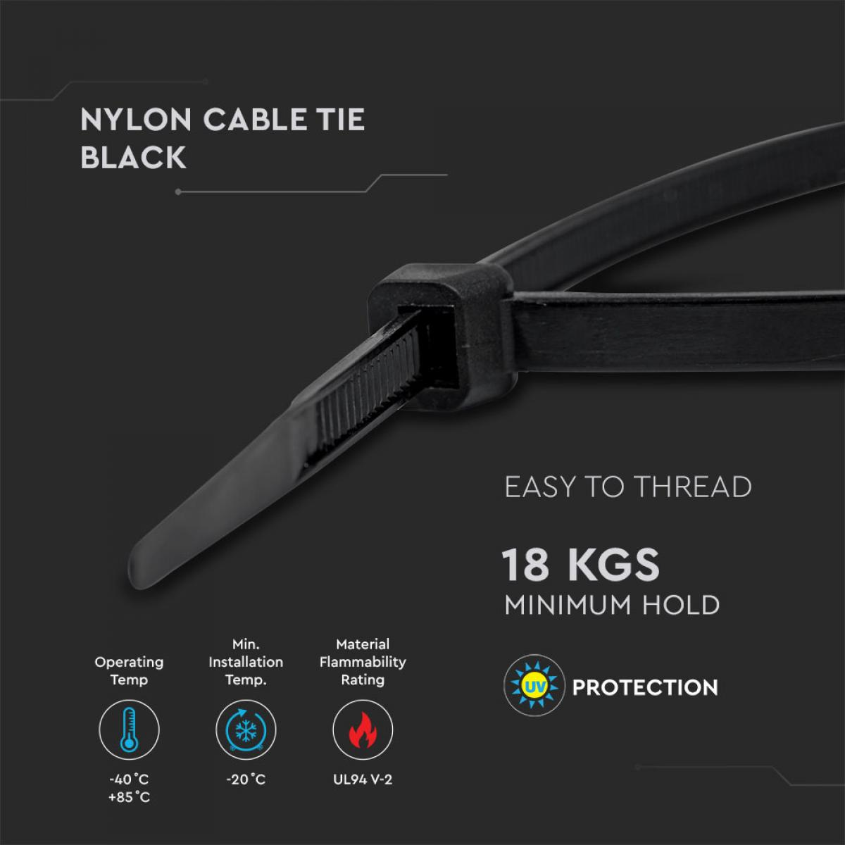 Fascetta per cavi in nylon nera. Testo: Fascetta per cavi in nylon nera. 18 KG di tenuta minima, protezione UV.