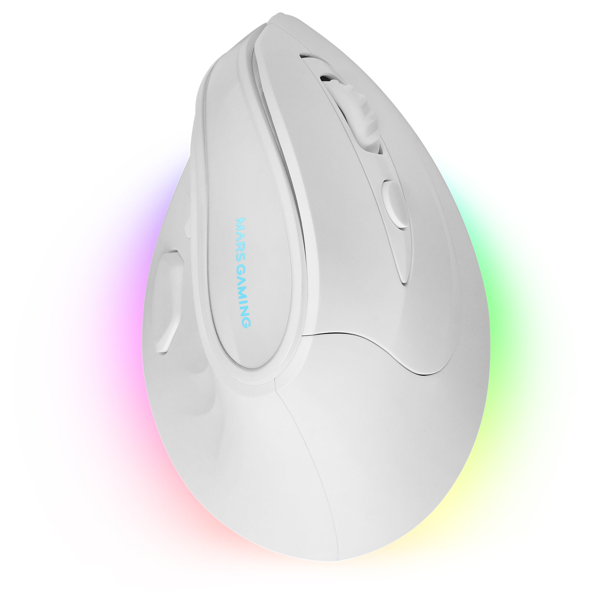 Witte ergonomische gamingmuis met meerkleurige verlichting, met het Mars Gaming logo.
