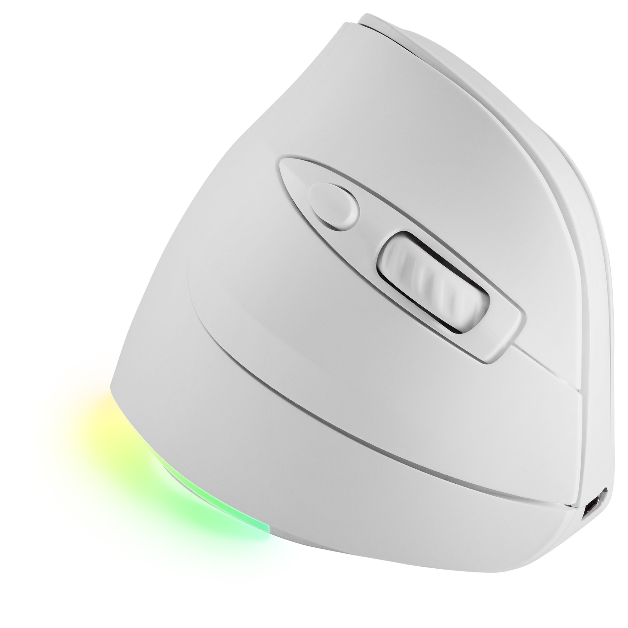 Witte ergonomische muis met een van kleur veranderende basis. De muis heeft een verticaal ontwerp.