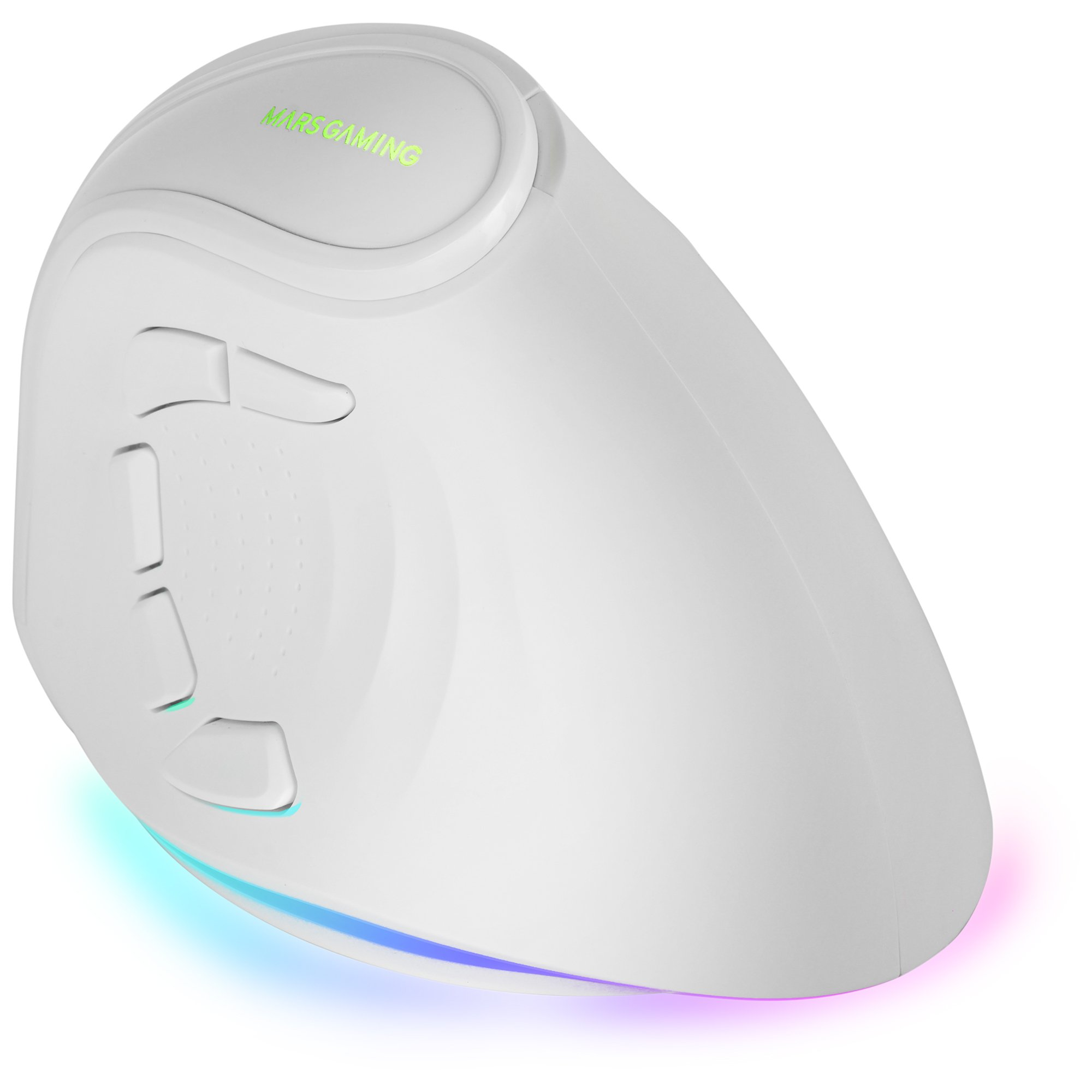Witte gamingmuis met knoppen en MARS GAMING logo, RGB-verlichting onder.