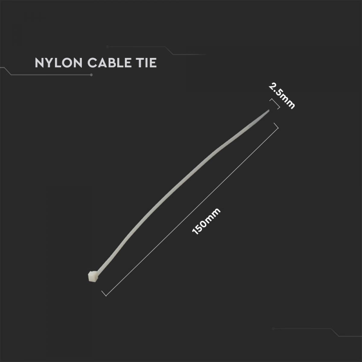 Fascetta per cavi in nylon bianco. Ha misure di lunghezza e larghezza. Su sfondo scuro.