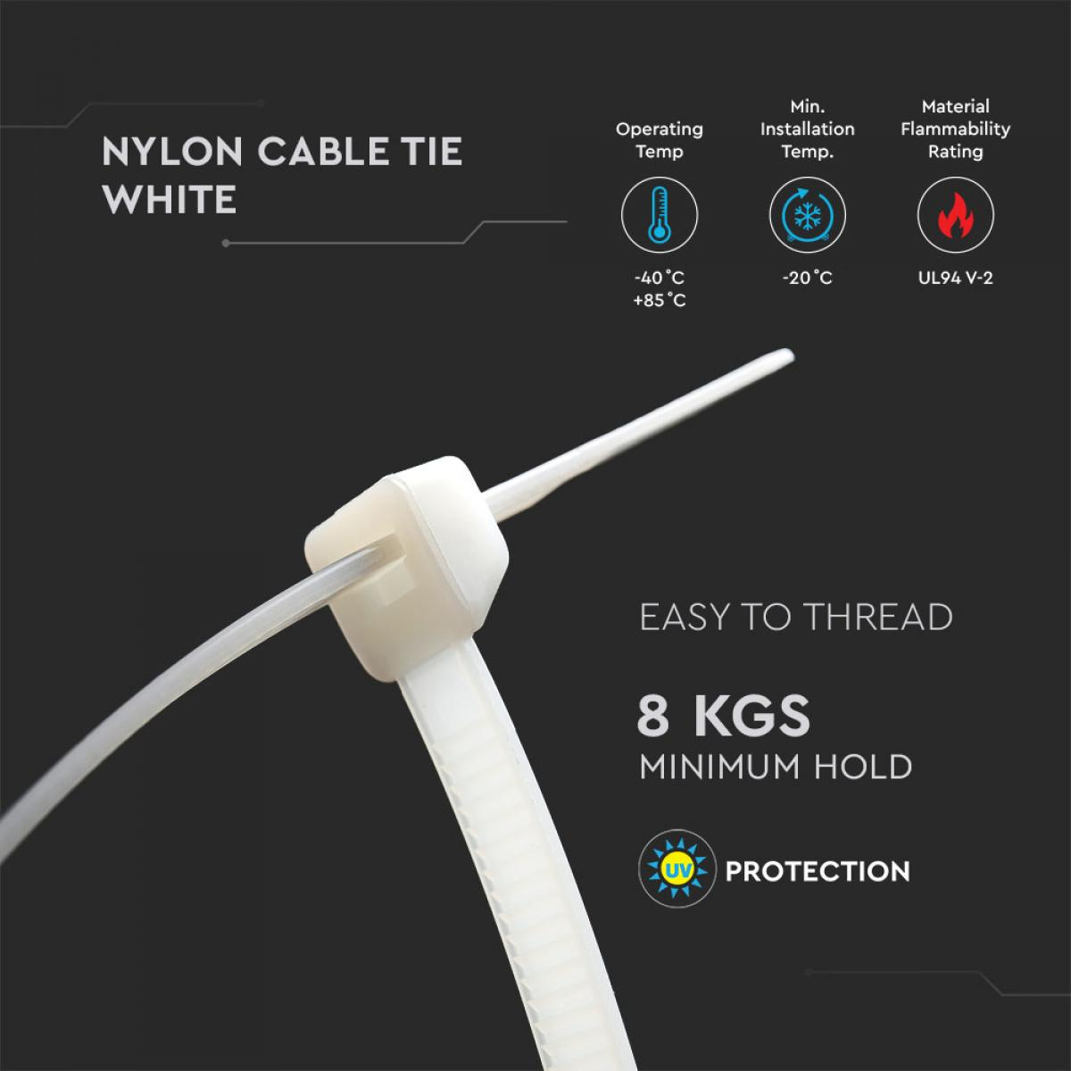 Fascetta per cavi in nylon bianco con testo che indica temperatura operativa, installazione minima e valutazione materiale.