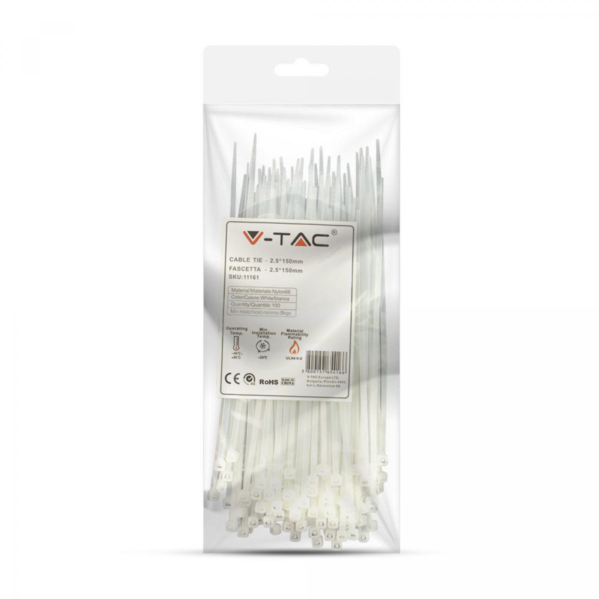 Confezione di fascette bianche. Marchio V-TAC, materiale in nylon e dettagli quantitativi visibili.