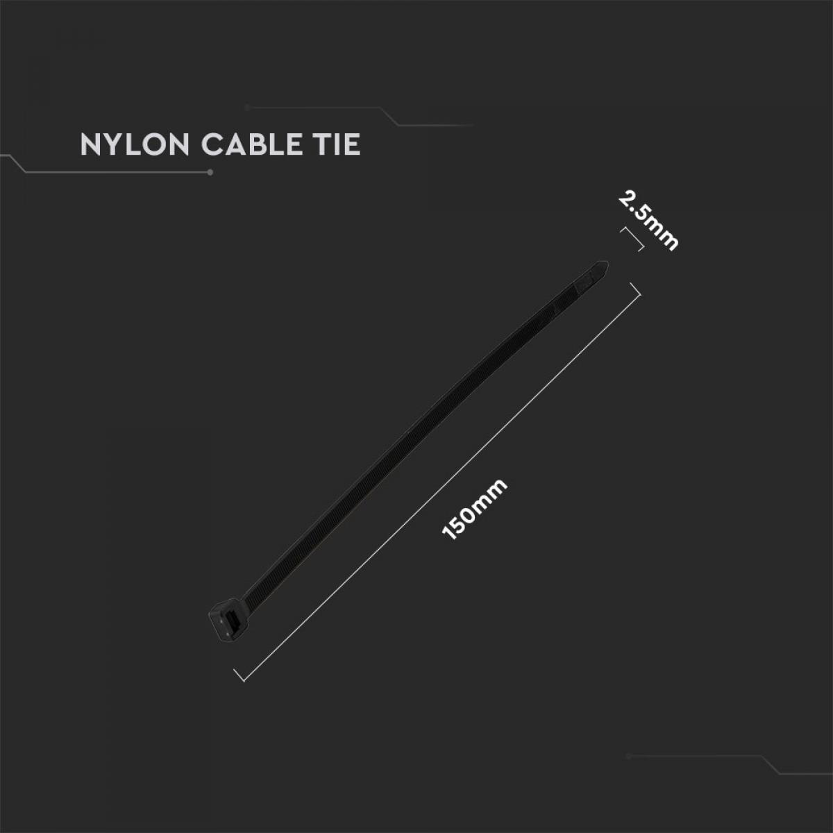 Fascetta per cavi in nylon nero, lunga 150 mm e larga 2,5 mm, su sfondo scuro.