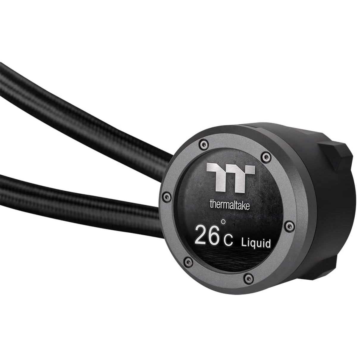 System chłodzenia cieczą komputera, z czarną rurką i okrągłą głowicą.