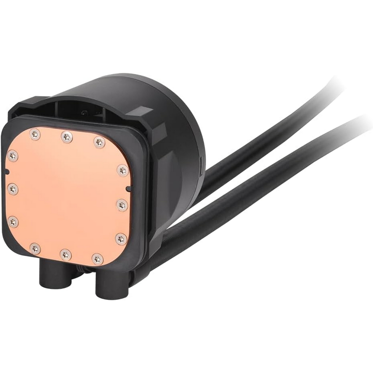 Czarny chłodnica cieczy z miedzianą płytą i podłączonymi czarnymi rurkami.