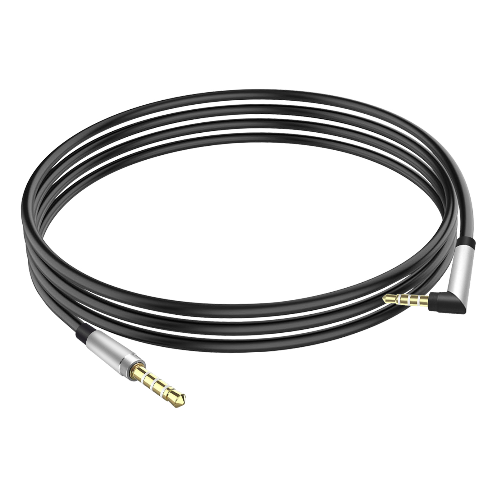 Un cable de audio negro con conectores dorados.