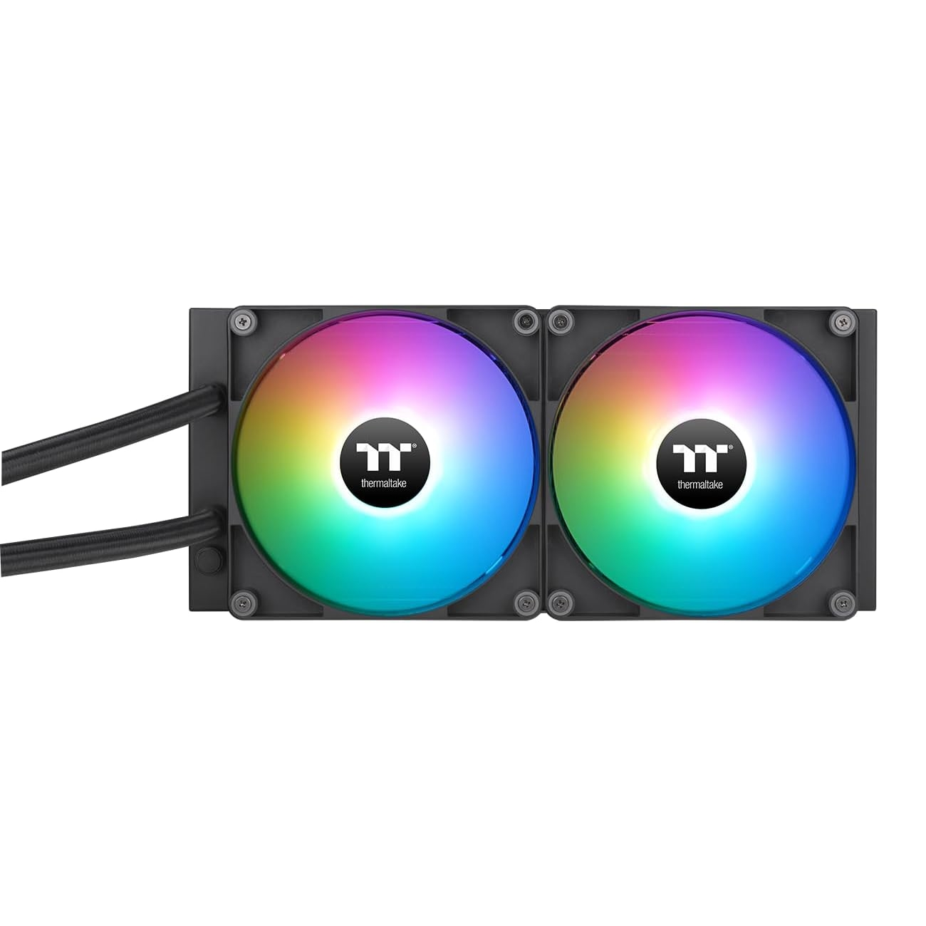 Dwa wentylatory z kolorowymi światłami LED w czarnej prostokątnej ramie. Czarne rury.