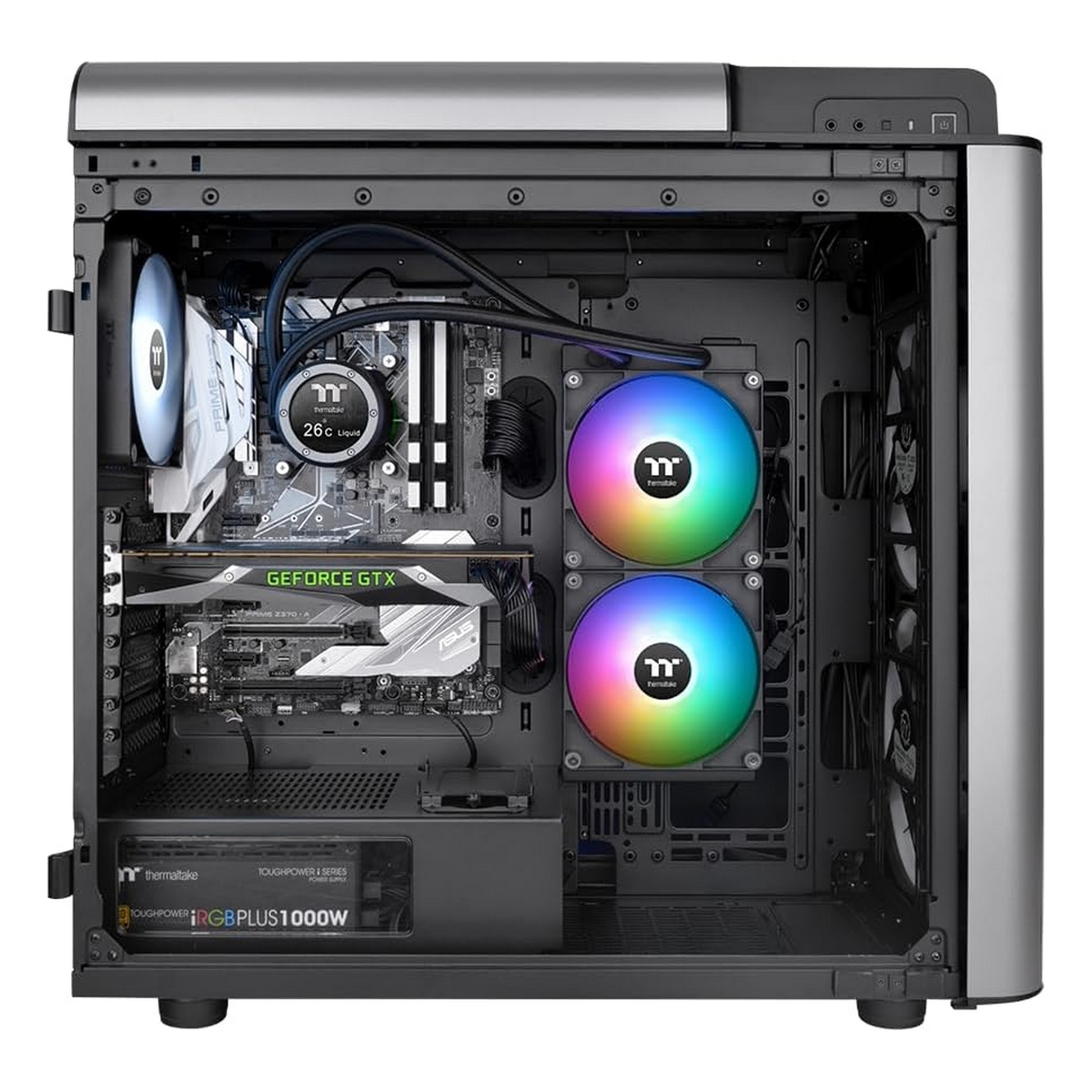 Wnętrze obudowy PC z komponentami: wentylatory, chłodzenie cieczą, karta graficzna i zasilacz. Widoczne RGB.