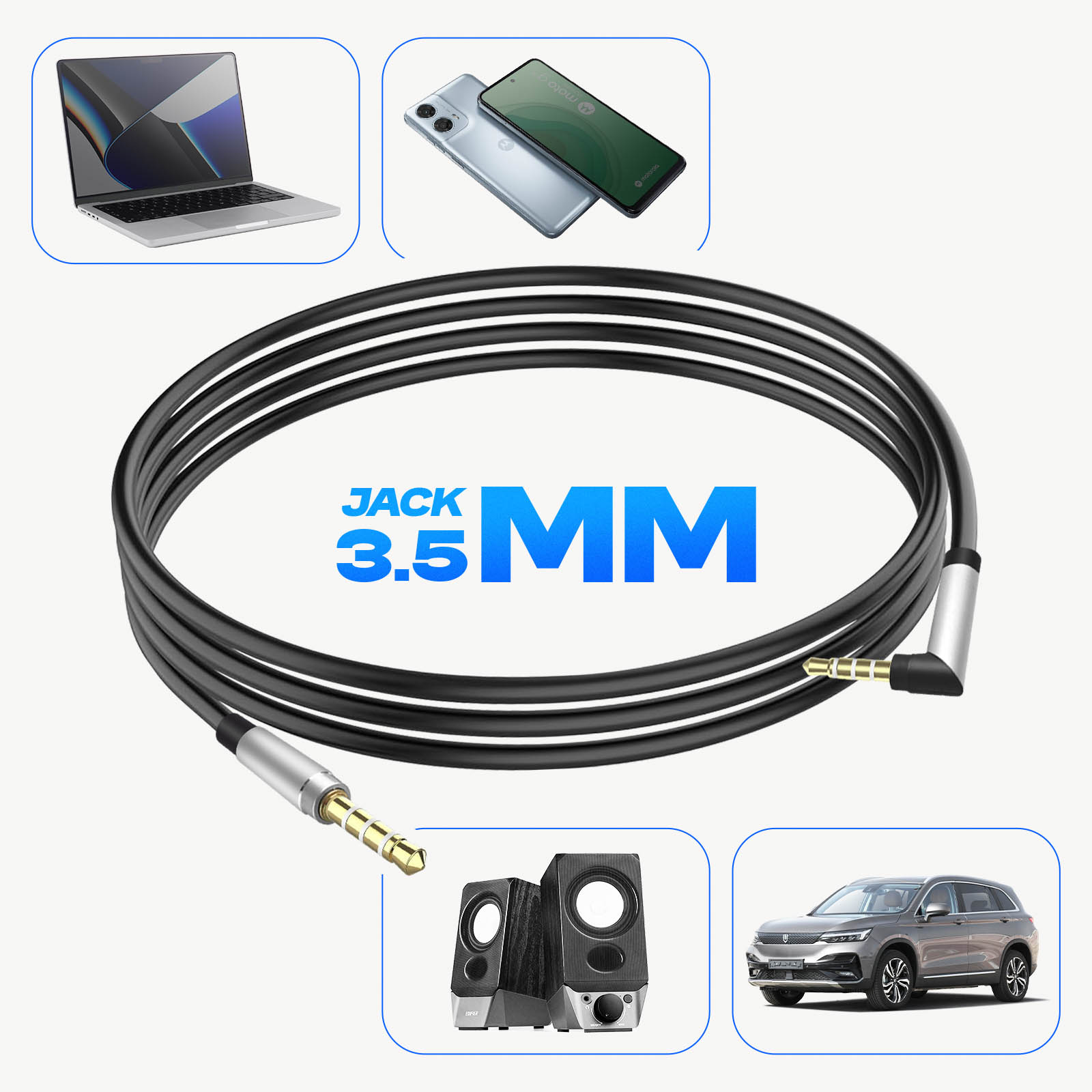 Un cable jack de 3.5 mm, portátil, teléfono, altavoces y un coche en un collage.