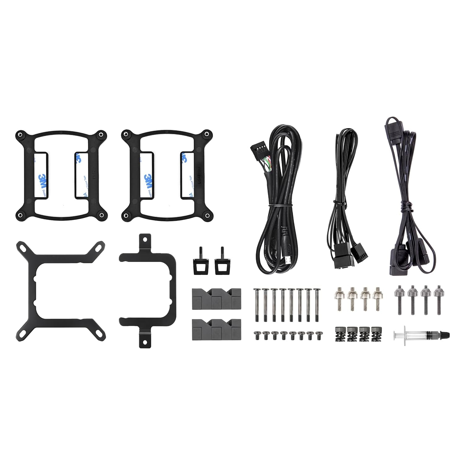 Części komputera. Widoczne są dwa czarne wsporniki montażowe, czarny kabel i śruby.