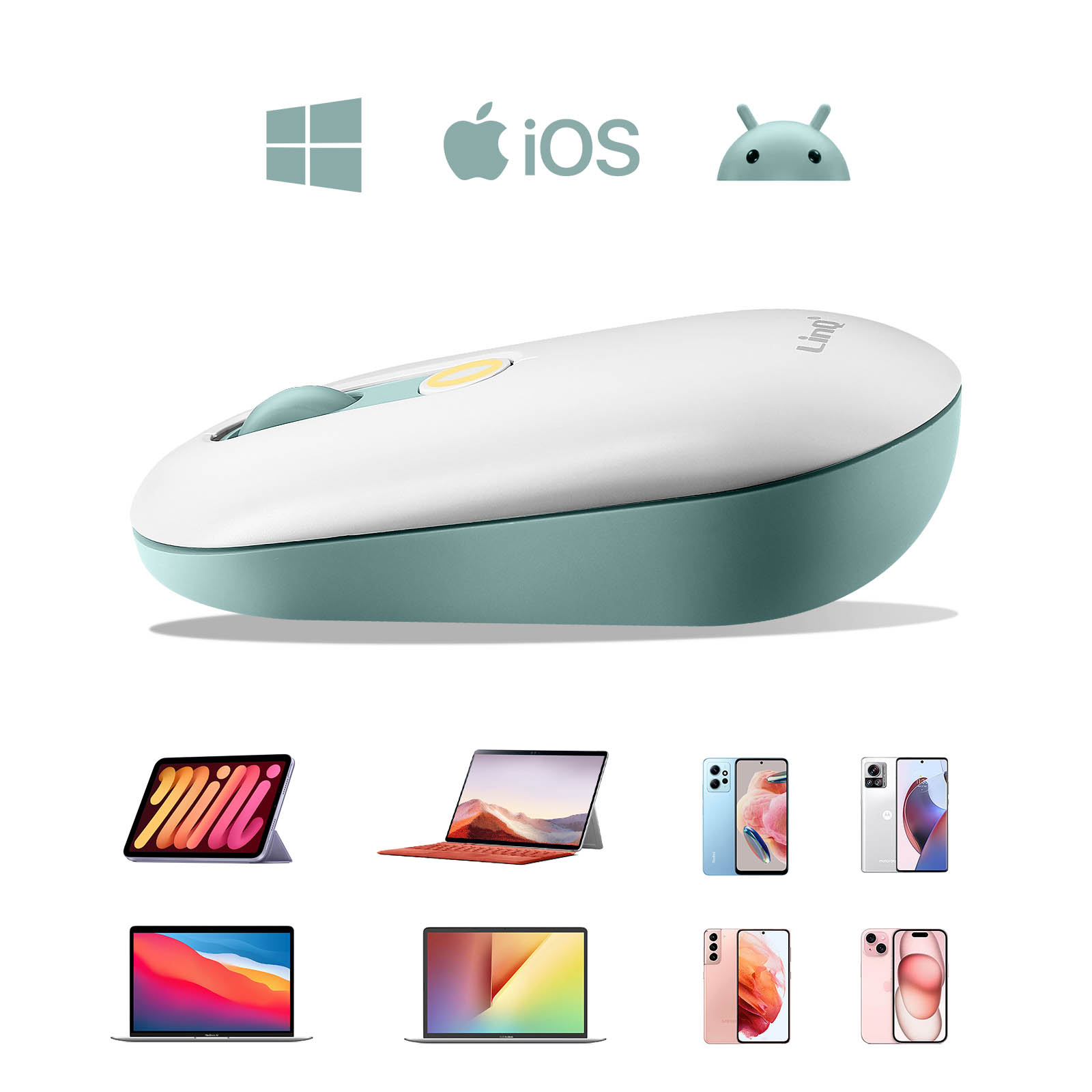 Mouse wireless bianco e verde acqua con vari dispositivi sottostanti, tra cui tablet e telefoni.