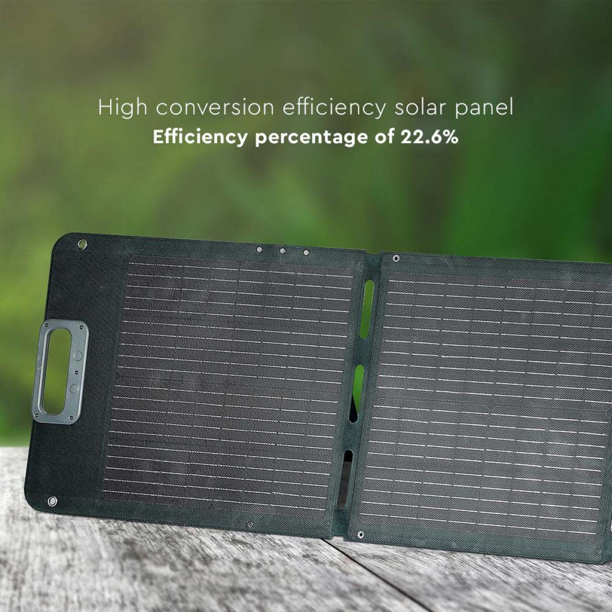 Pannello solare su superficie in legno, sfondo verde. Testo: Alta efficienza di conversione.