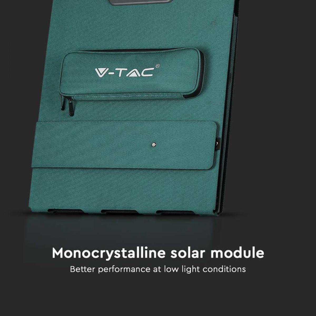 Custodia per pannello solare verde con logo V-TAC. Ha una piccola tasca e un lembo. Sfondo nero.