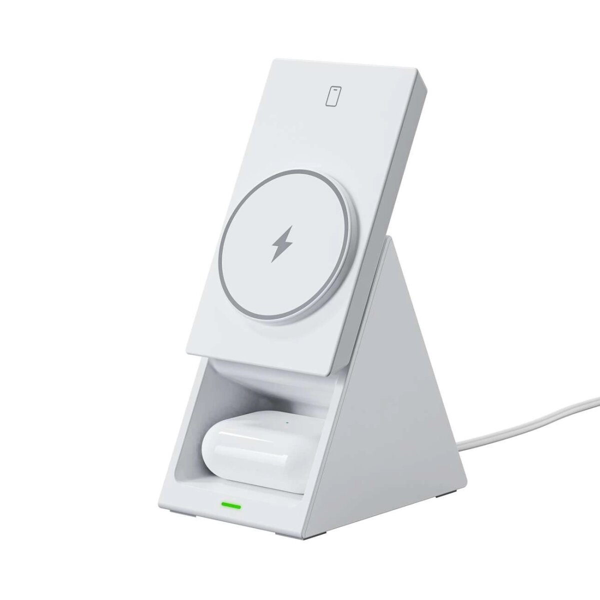 Weißes kabelloses Ladegerät mit Ladefläche und Platz für AirPods.