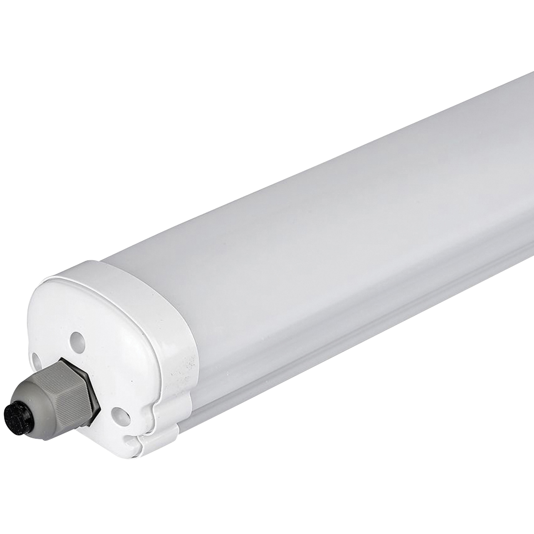 Weiße LED-Röhrenleuchte. Es hat einen grauen Stecker und ist vor weißem Hintergrund.