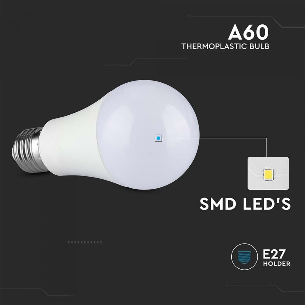 Una lampadina LED A60 bianca con LED SMD e attacco E27, su sfondo scuro.