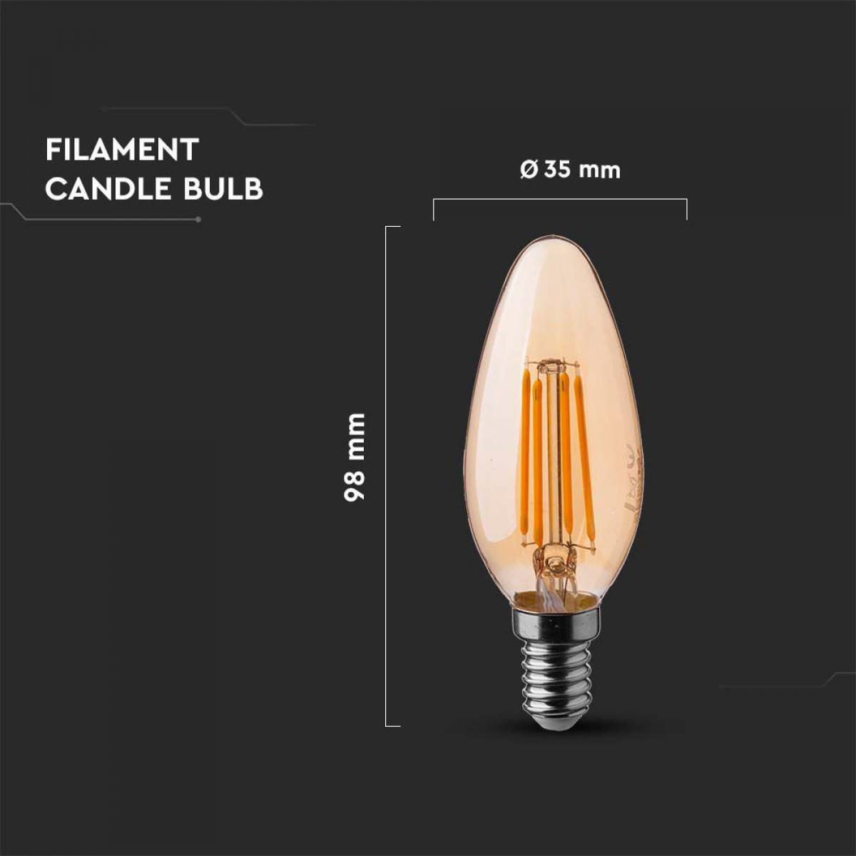Eine Filament-Kerzenbirne mit Abmessungen, vor dunklem Hintergrund. Die Glühbirne hat einen bernsteinfarbenen Schein.