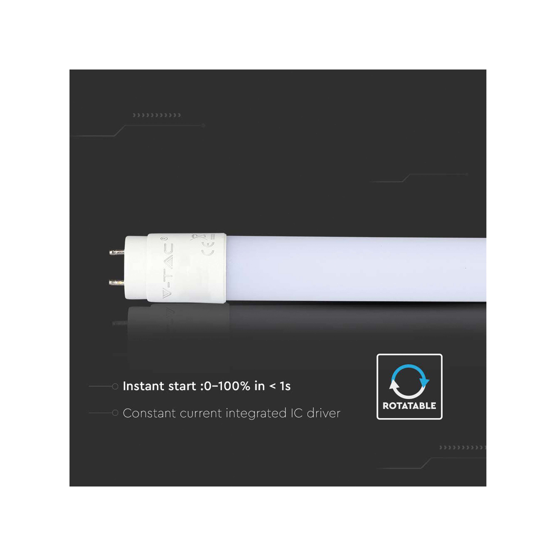 Una larga luz de tubo LED blanca con el logotipo de V-TAC, el texto indica inicio instantáneo y giratorio.