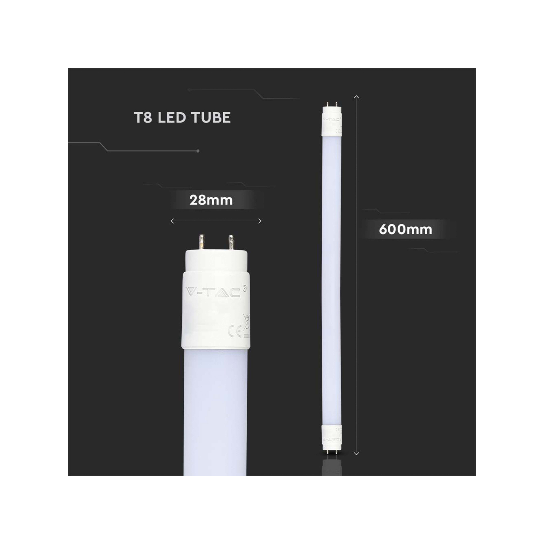 Tubo LED T8, blanco. El tubo mide 600 mm de largo, con dimensiones en el embalaje.