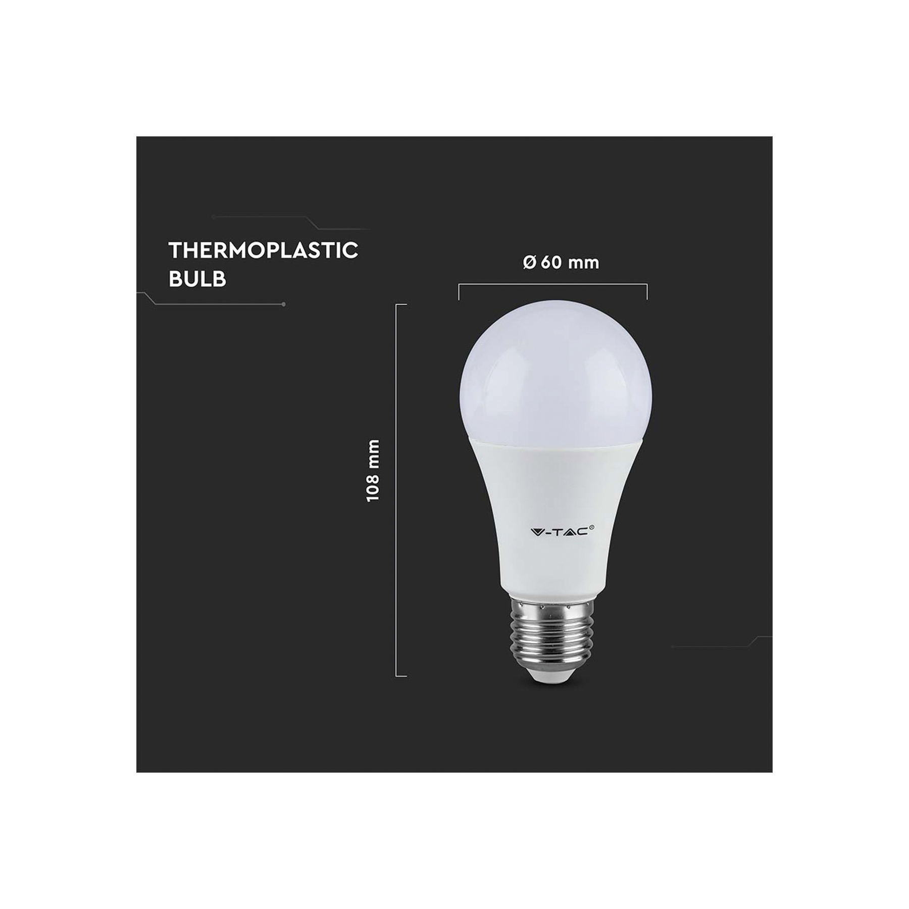 Lampadina LED termoplastica bianca con dimensioni: 108 mm altezza, 60 mm diametro. Sfondo nero.