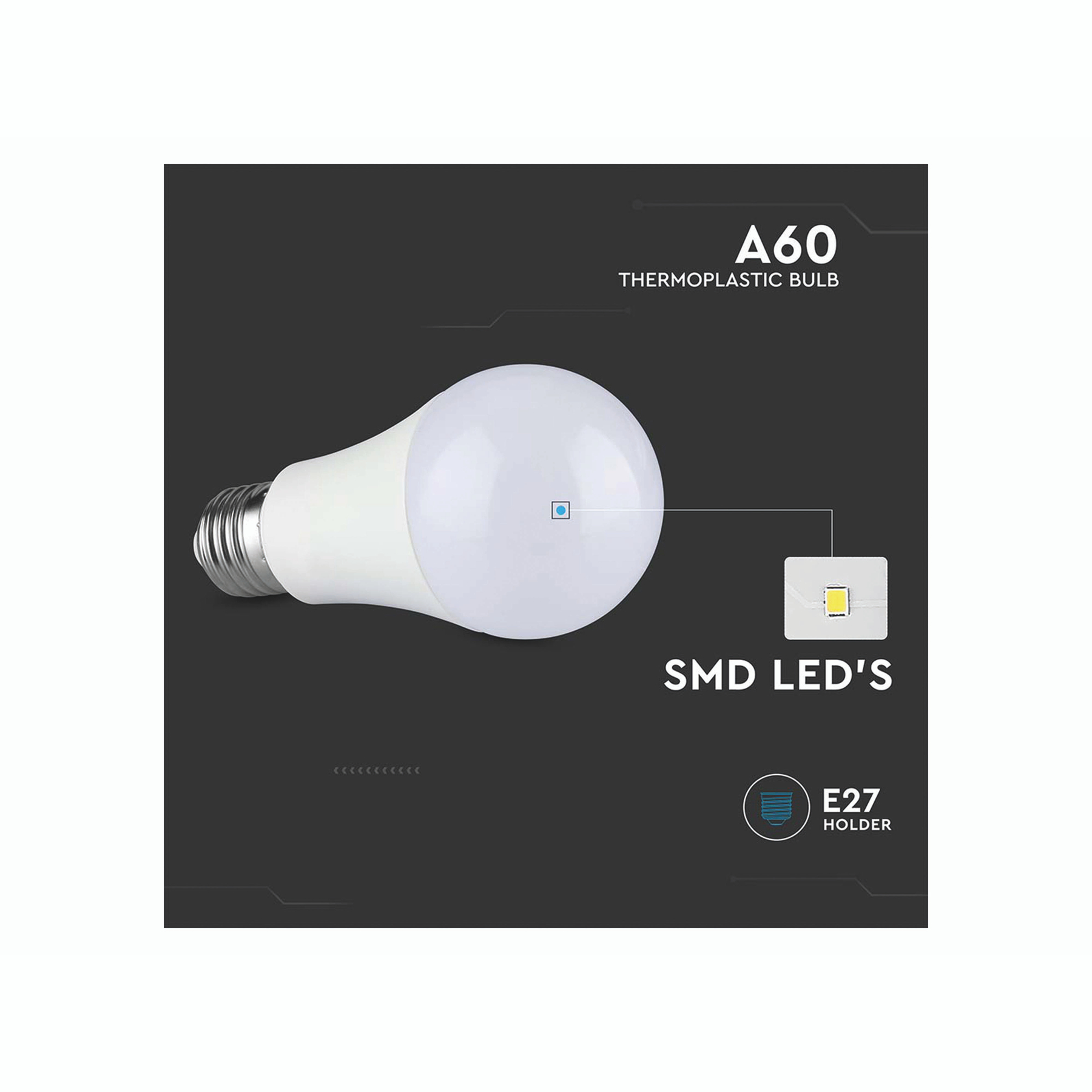 Lampadina termoplastica A60 con attacco E27. Mostra i LED SMD.