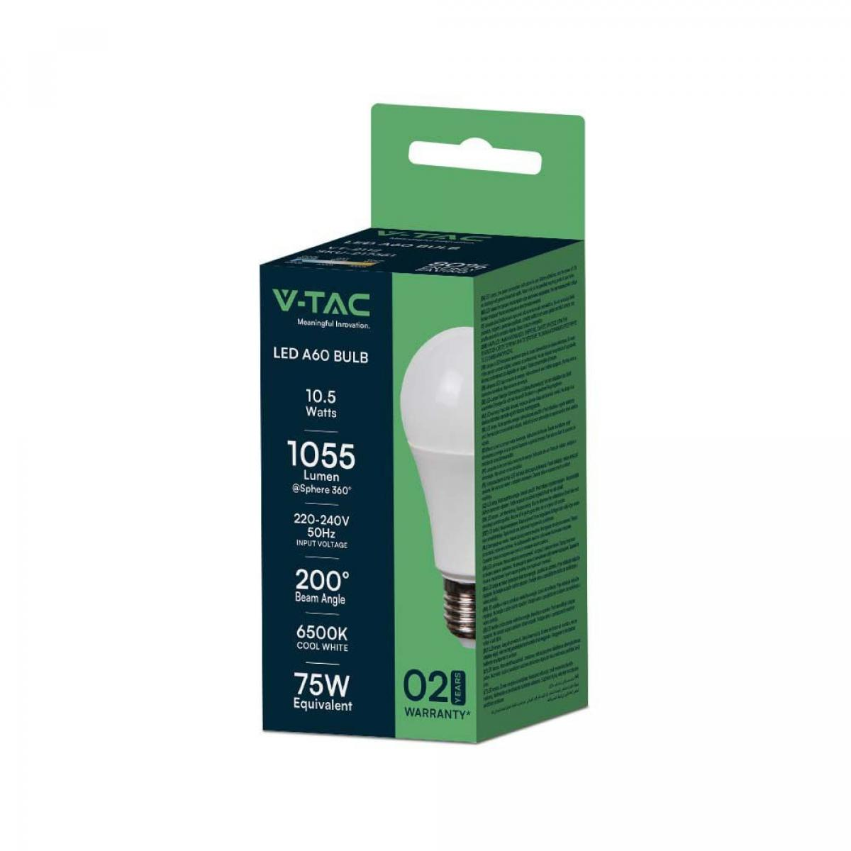 Scatola di lampadina LED A60 con testo, 10,5W, 1055 Lumen, Angolo del fascio 200°, Bianco freddo 6500K e equivalente a 75W.