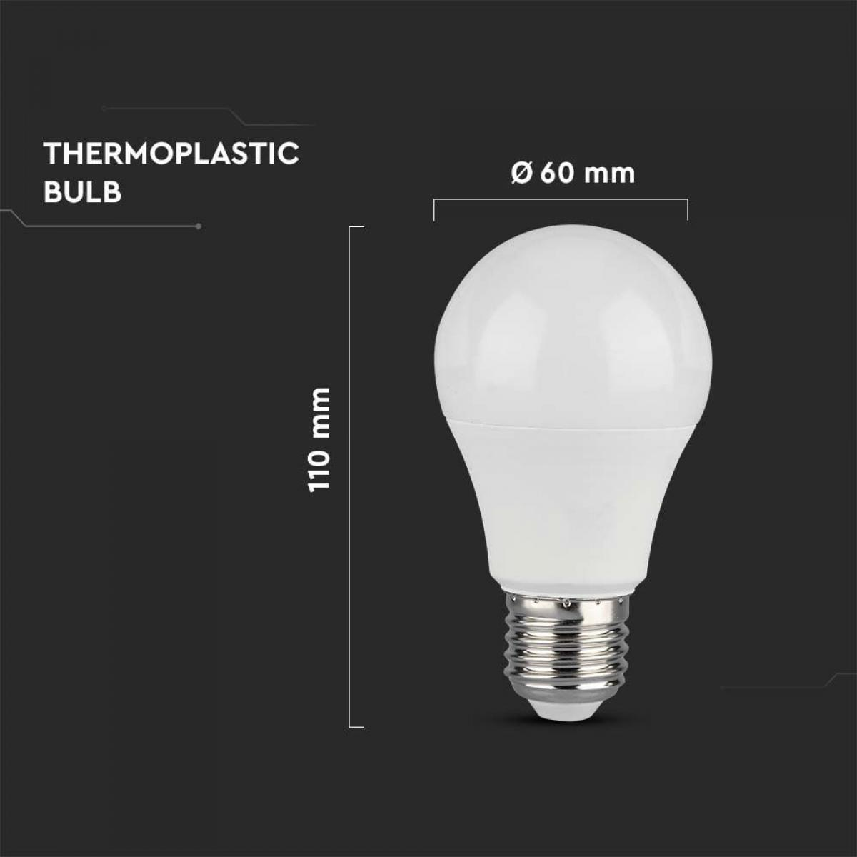 Lampadina termoplastica bianca con dimensioni su sfondo nero. La lampadina è etichettata 'V-TAC'.