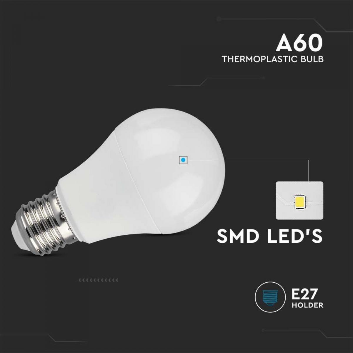 Lampadina termoplastica A60, bianca con attacco E27 e LED SMD all'interno su sfondo nero.