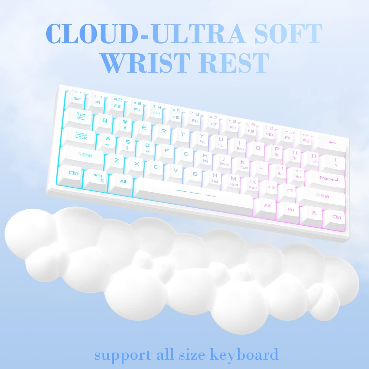 Clavier blanc avec lumières bleues et roses, repose-poignet nuage et texte 'support pour clavier de toutes tailles'.
