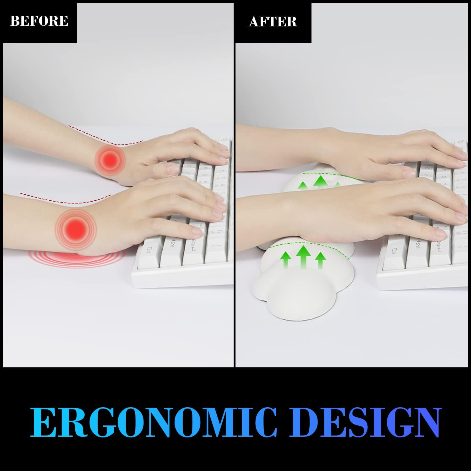 Mains sur le clavier avant et après utilisation d'un repose-poignet ergonomique. Cercles rouges indiquent la douleur.