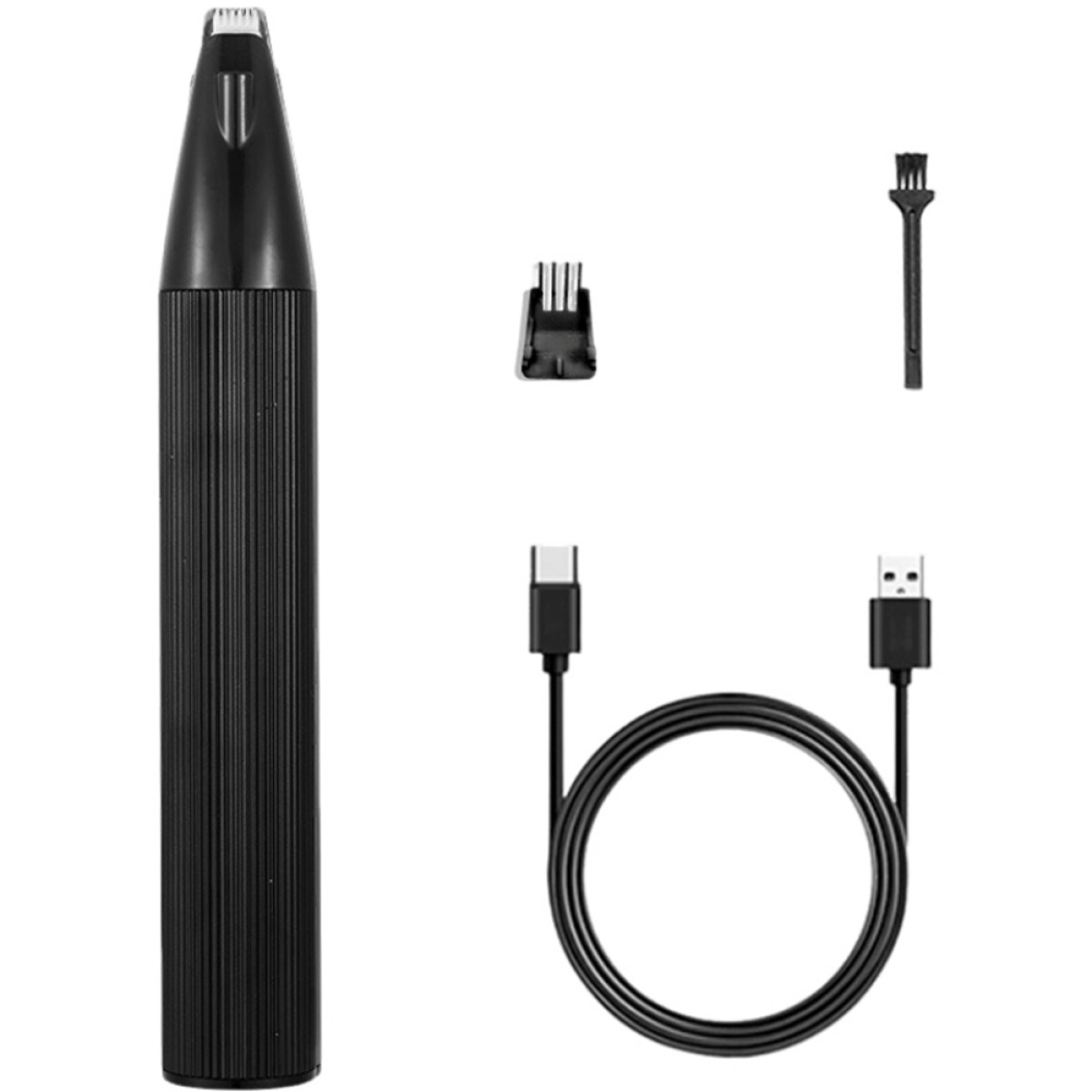 Schwarzer Elektrorasierer mit Zubehör auf weißem Hintergrund.