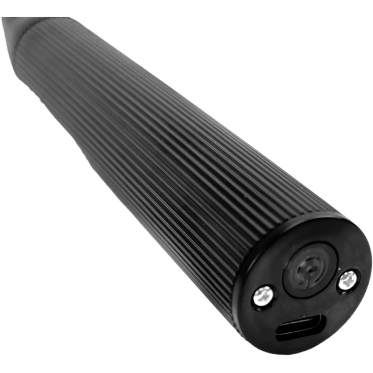 Black, ribbed handle with a charging port and two screws.