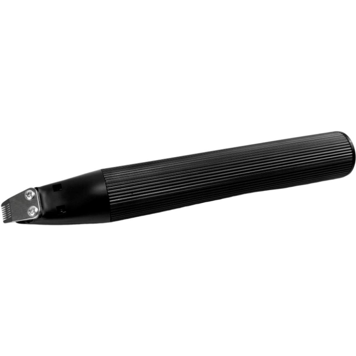 Black hair trimmer. The trimmer has a black handle and a silver blade. The blade is on the left.