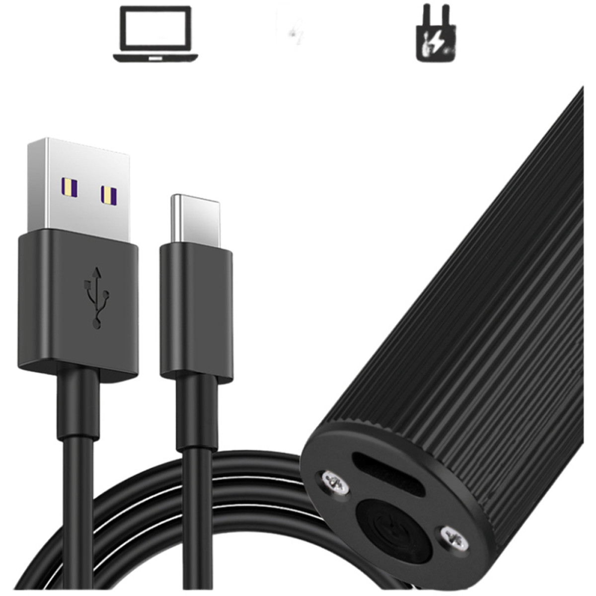 USB and USB-C cables, along with a black cylinder with a charging port, and icons.