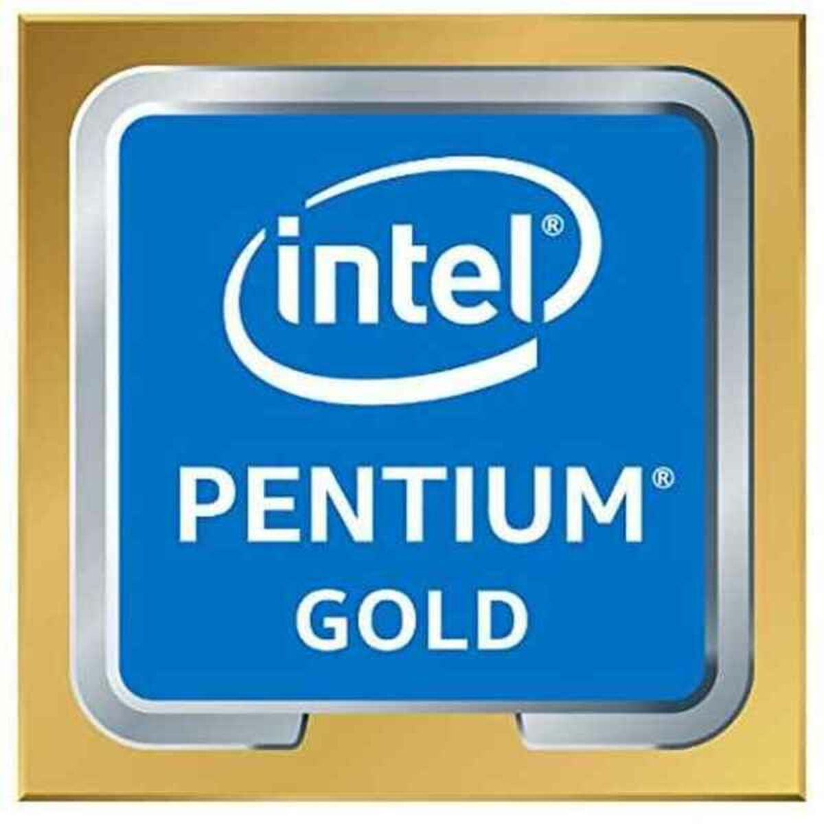 Procesor Intel Pentium Gold. Układ jest niebieski z białym tekstem w złotej ramce.
