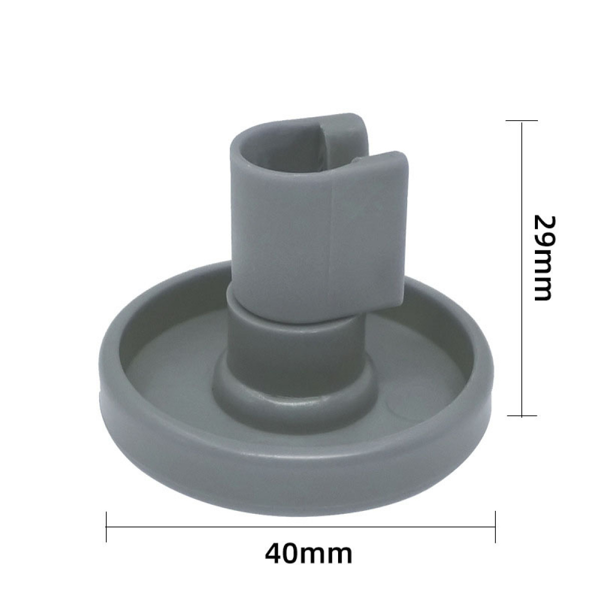 Grijze plastic vaatwasser, met een ronde basis en een verticale steun.