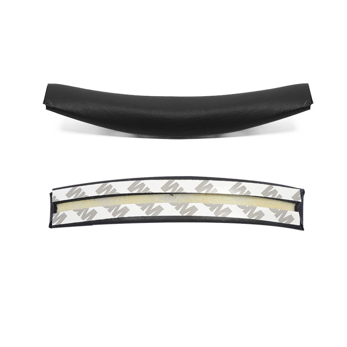 Dwa czarne, zakrzywione elementy z pianką i klejem na spodzie, prawdopodobnie do słuchawek.