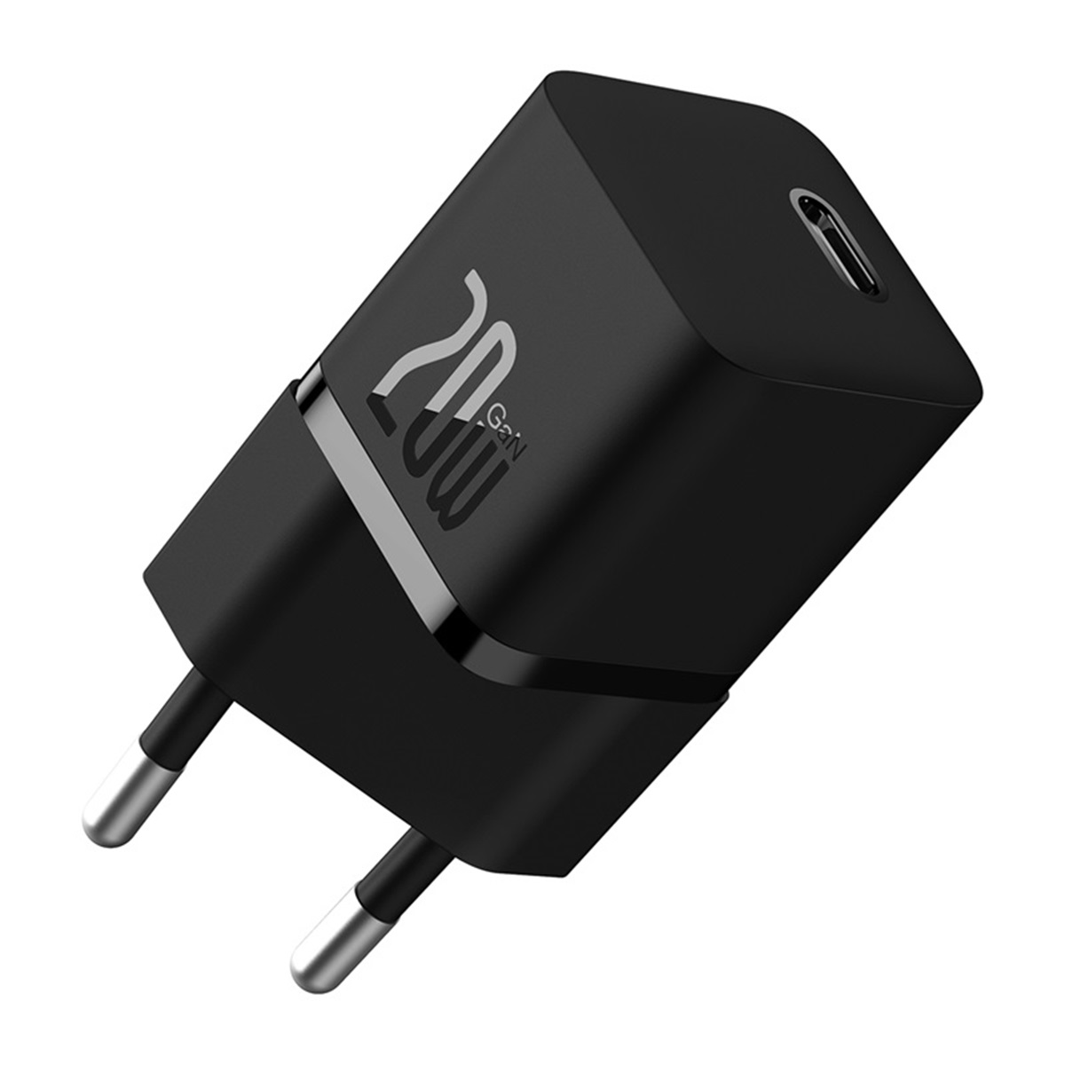 Cargador GaN negro de 20W con puerto Tipo-C y dos clavijas para toma de corriente.