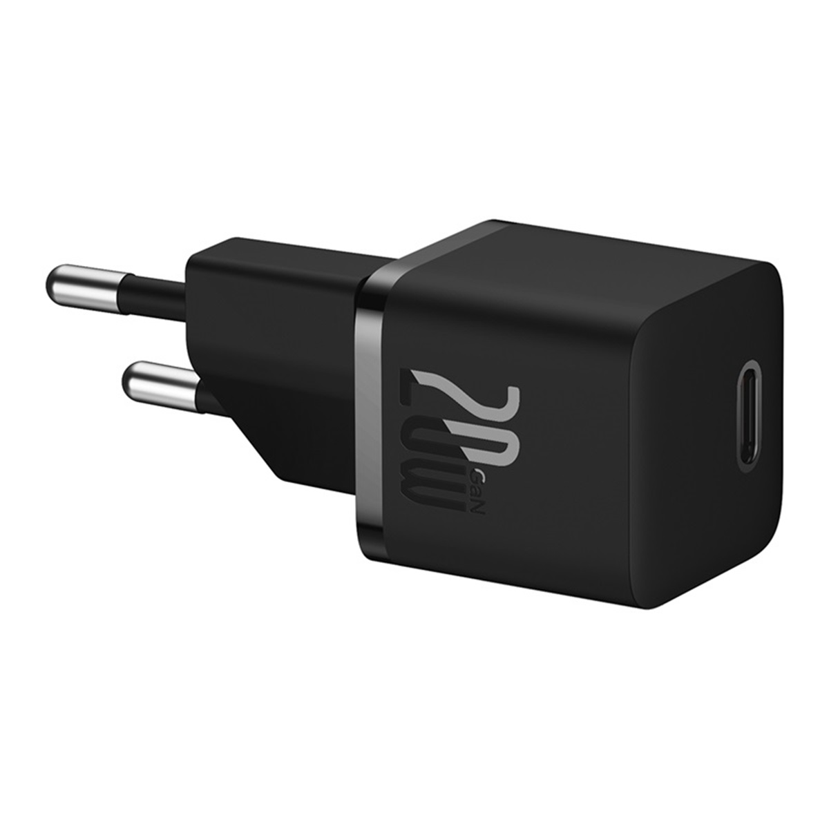 Cargador USB-C negro de 20W. Tiene un enchufe para enchufes europeos y un puerto USB-C.