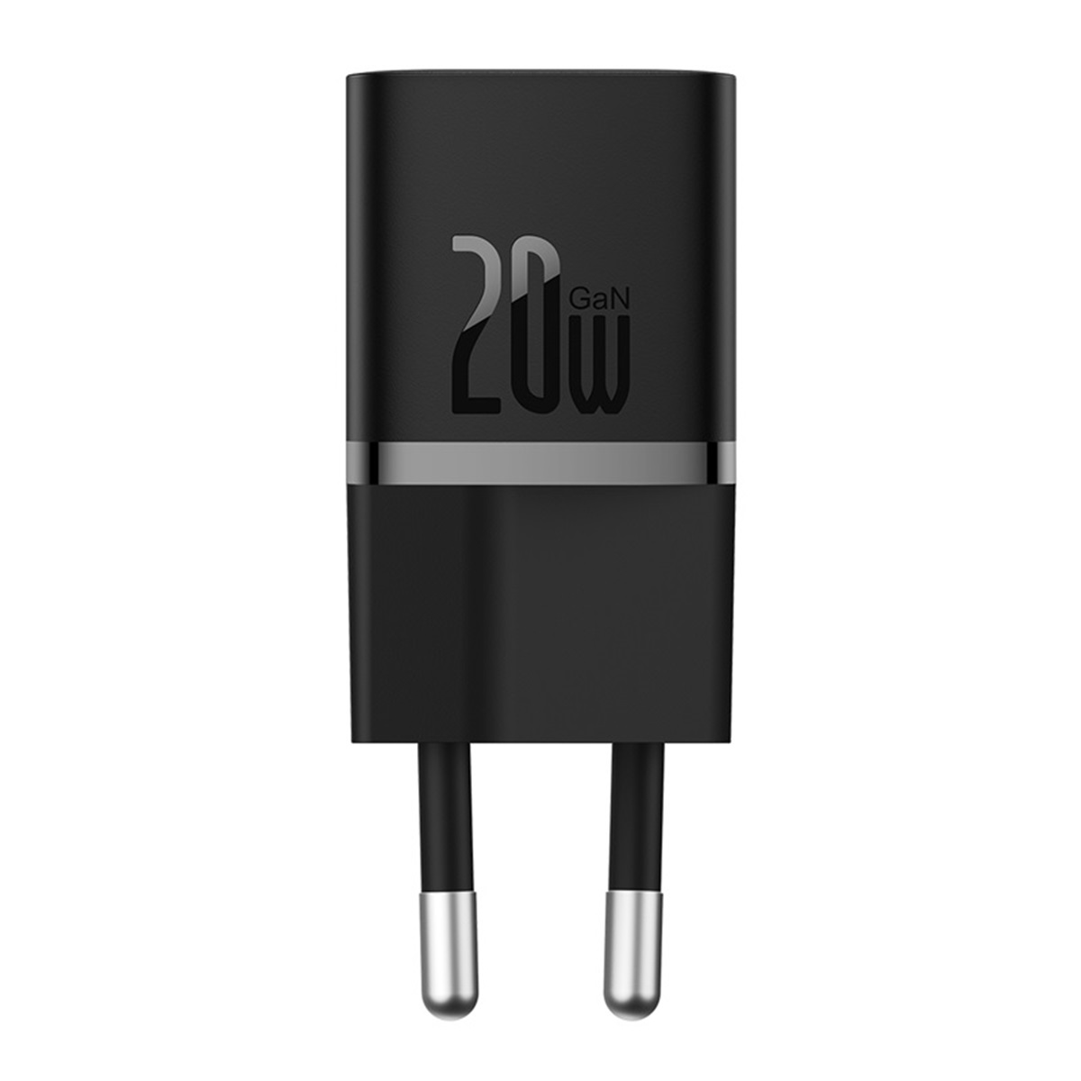 Cargador GaN negro de 20W con dos clavijas plateadas. Texto: 20W GaN.