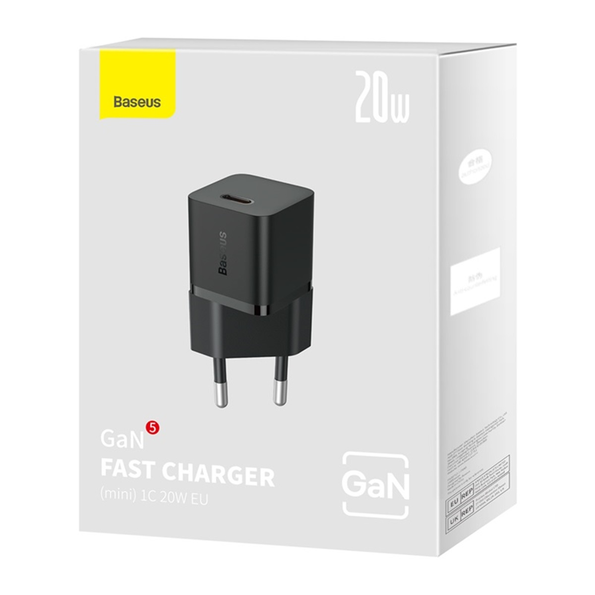 Cargador rápido GaN Baseus negro. En caja con el cargador visible. 20W. Tipo de enchufe UE.