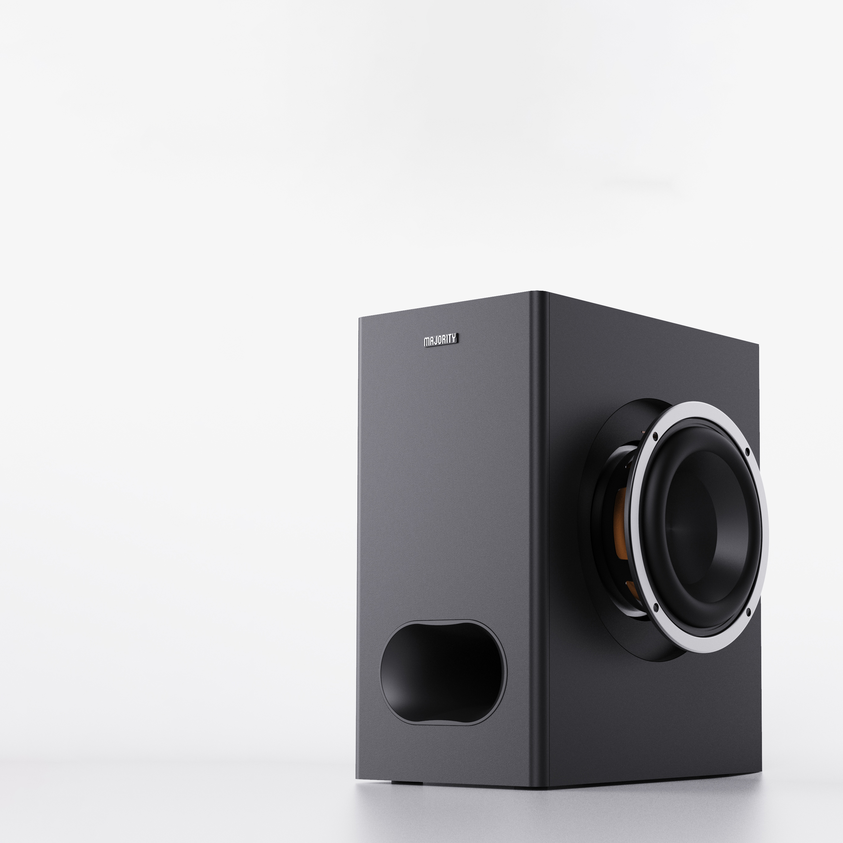 Caisson de basses noir avec évent avant et bord d'enceinte blanc. Texte : MAJESTIC.