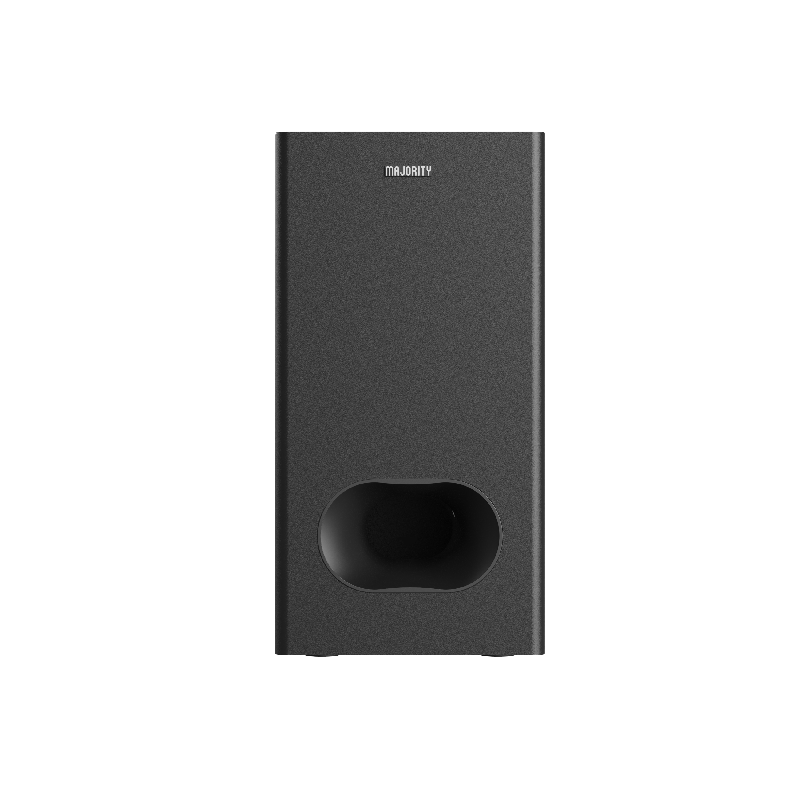 Black subwoofer with a large oval port at the front, and the word 'MAJORITY' on it.