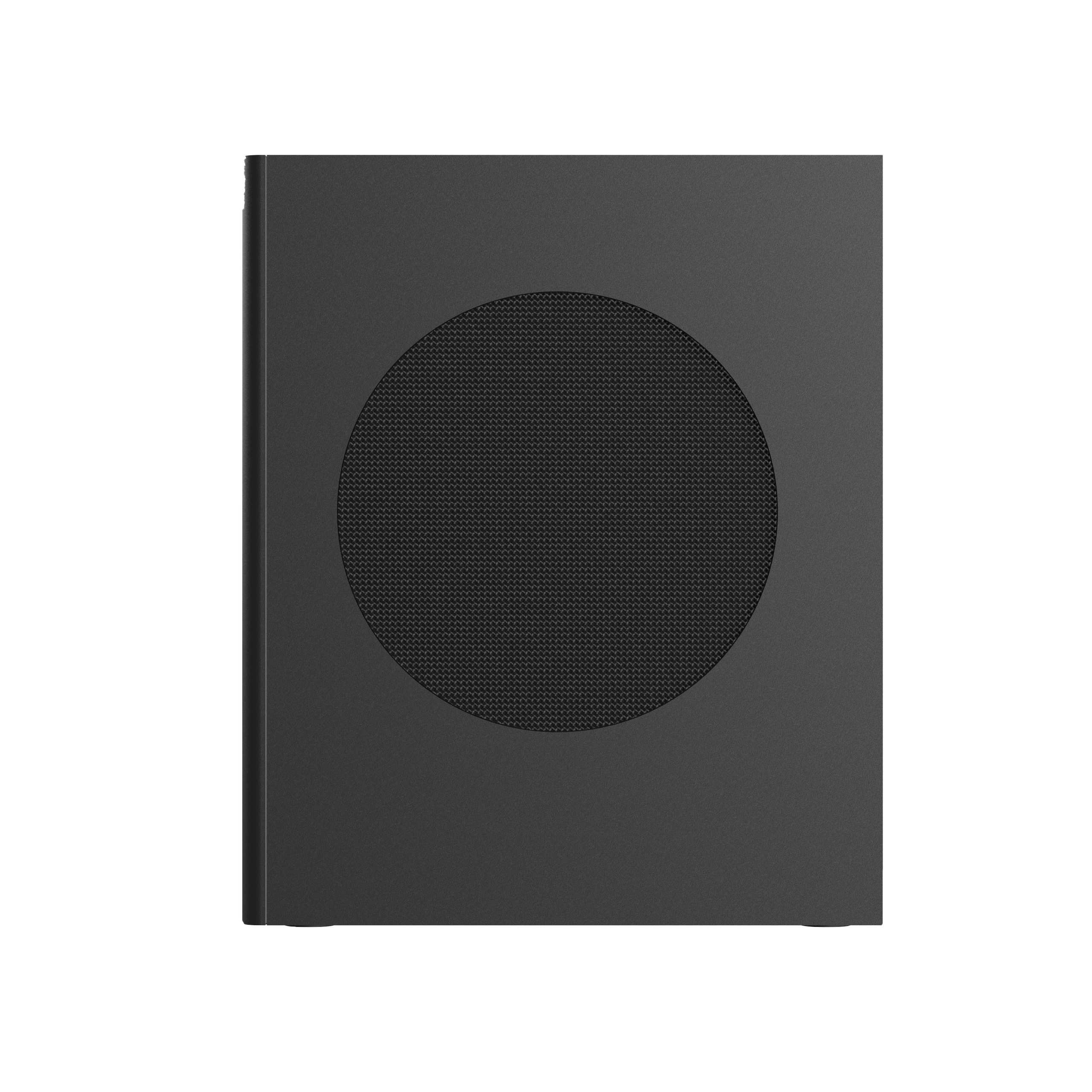 A black speaker. The speaker has a circular design and a mesh in the middle.