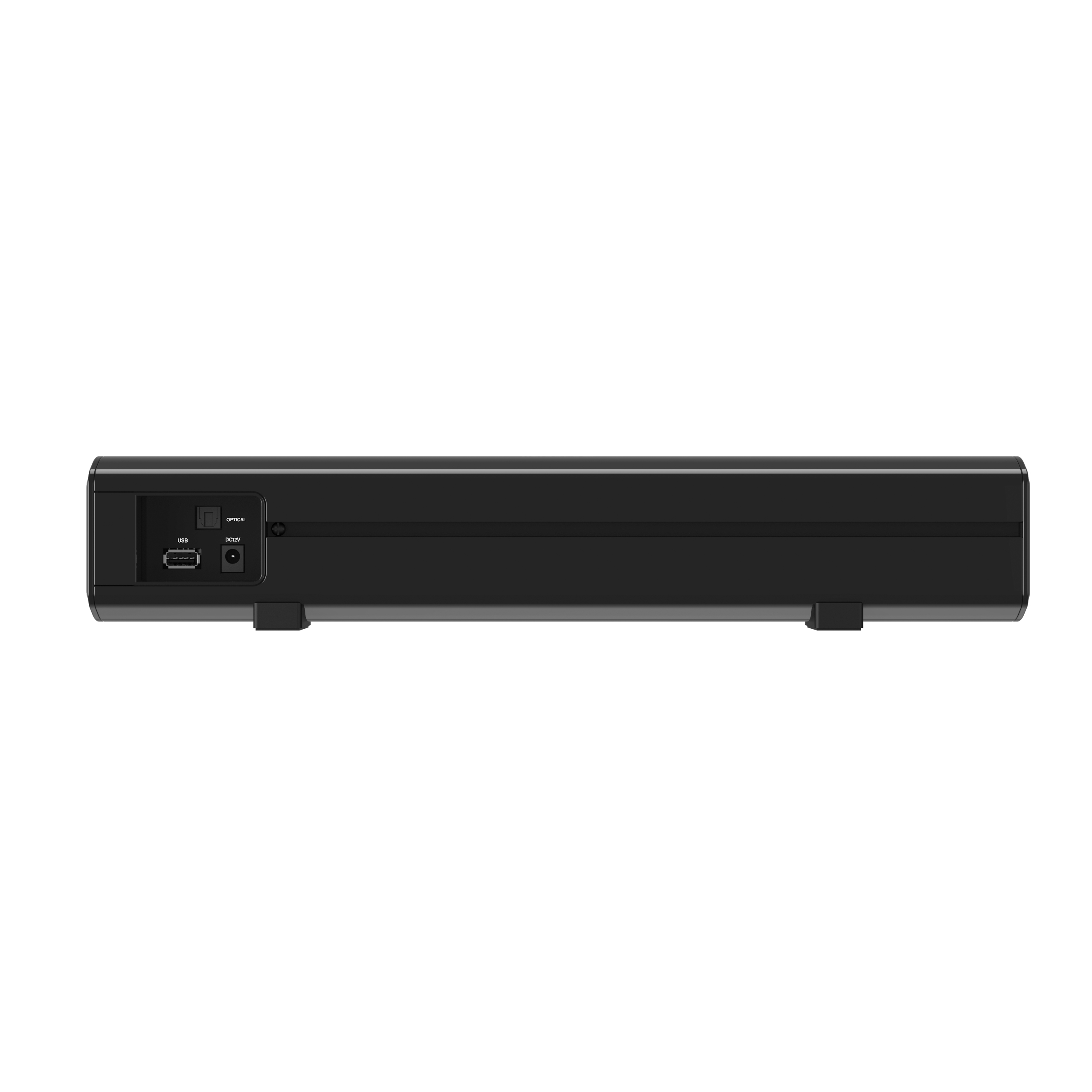 Czarny soundbar z portami połączeniowymi z tyłu, na białym tle.