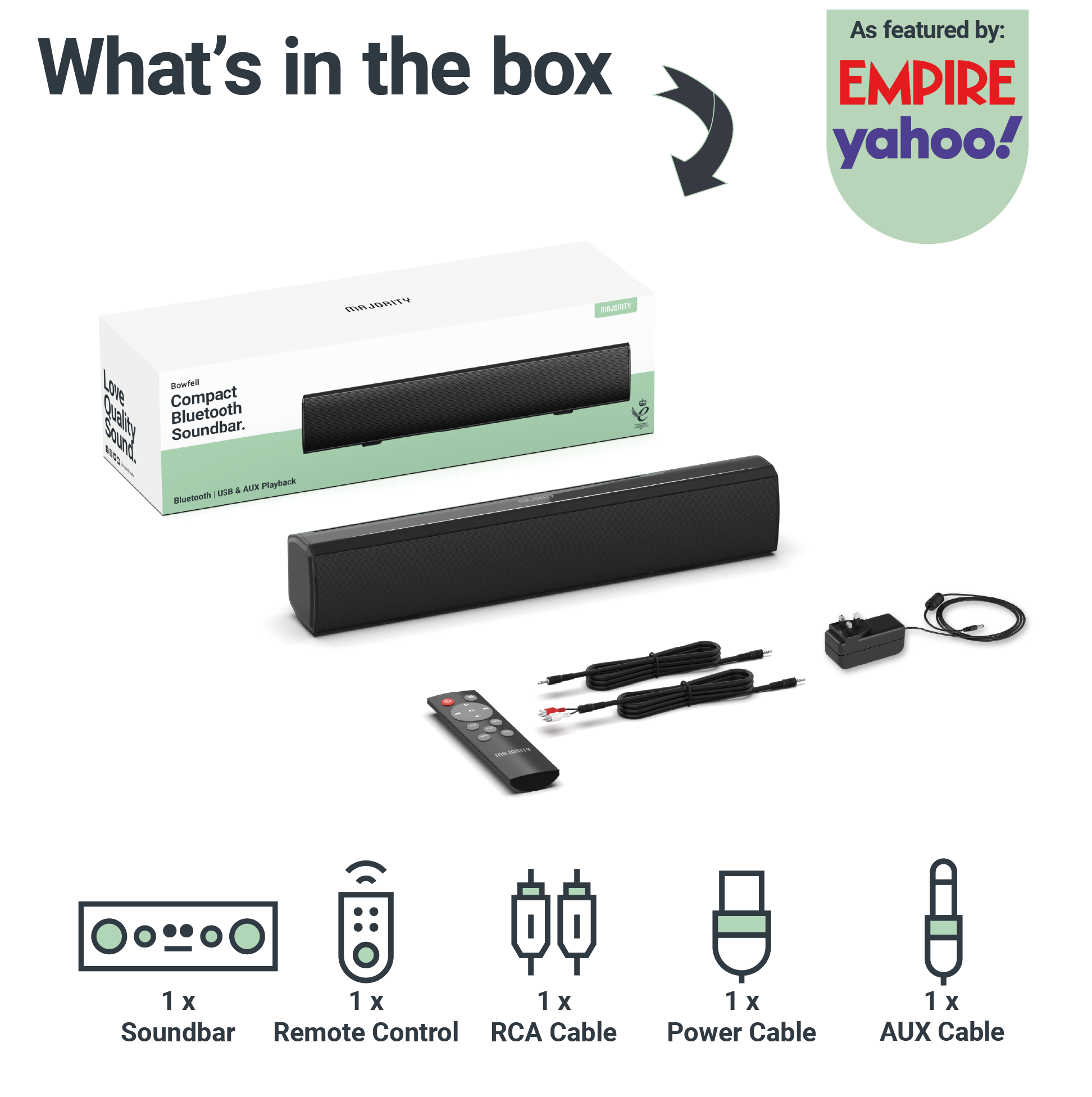 Pudełko z soundbarem i akcesoriami: pilotem, kablami i adapterem zasilania. Tekst: 'Co jest w pudełku'.