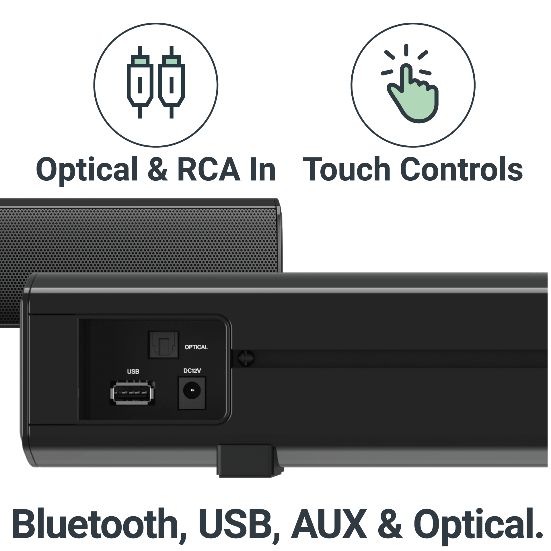 Czarny soundbar z wejściami optycznymi i RCA, sterowaniem dotykowym oraz łącznością Bluetooth, USB, AUX i optycznym.